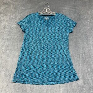 Beverly Hills Polo Club Top Women Medium Blue Stretch Abstract V Neck Cap Sleeve